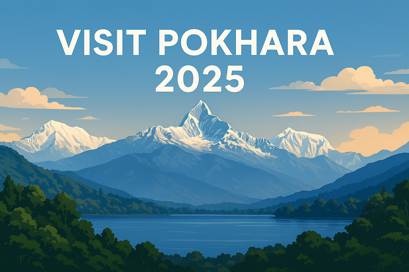 A colorful promotional digital illustration for "Visit Pokhara," showcasing scenic highlights such as the Himalayas, Phewa Lake, temples, and paragliding. The banner includes logos of key tourism-related institutions in Pokhara like Nepal Tourism Board, Trekking Agencies' Association of Nepal (TAAN), Nepal Mountaineering Association (NMA), and Tourist Police, representing collaboration and support for safe, vibrant tourism in the region.