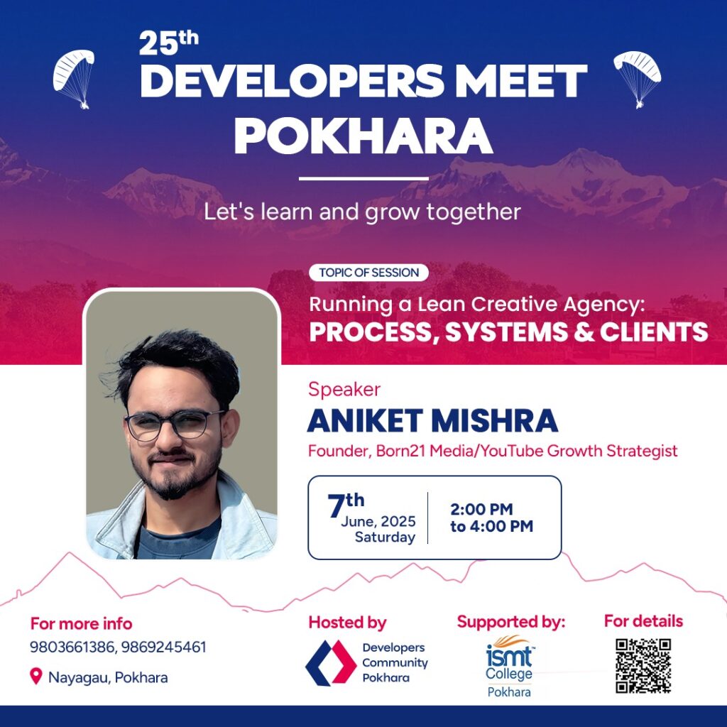 25th Developers Meet Pokhara banner with speaker Aniket Mishra and topic details