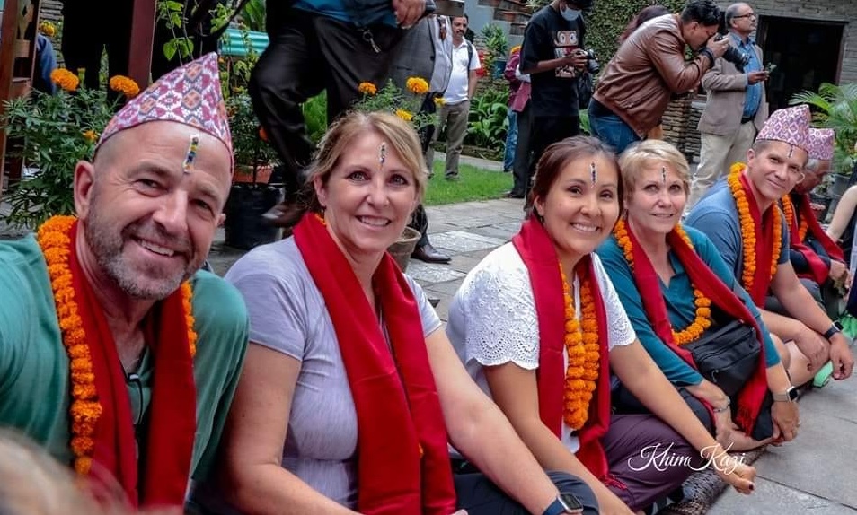 Foreigners celebrating one of the Nepal's major festival called Tihar