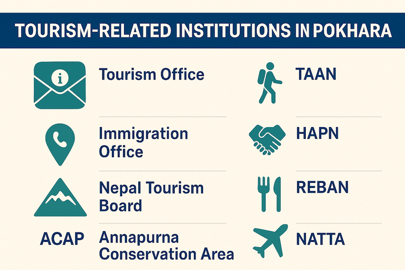 A flat-style digital illustration promoting the Tourist Police in Pokhara, Nepal. The image highlights their motto “Tourist Police for Tourists’ Safety” and outlines their responsibilities in assisting and protecting tourists. The design features icons of security, guidance, and hospitality in a visually engaging format.