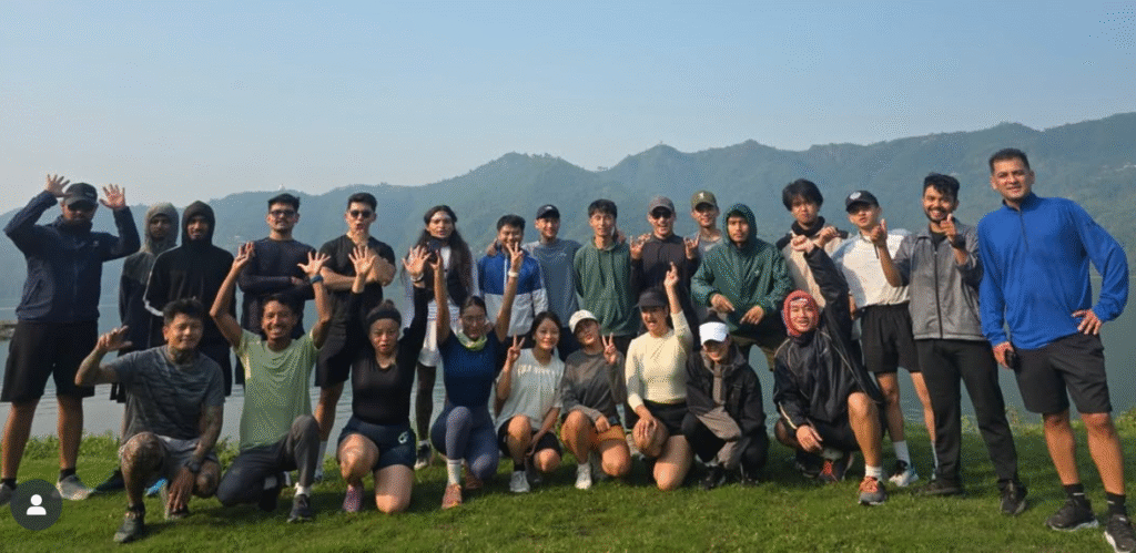 Runners enjoying the Saturday morning fun run from Hallanchowk to Pame in Pokhara, organized by Runderbolts.Group photo