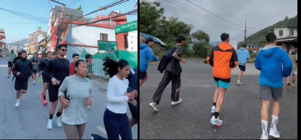 Runners enjoying the Saturday morning fun run from Hallanchowk to Pame in Pokhara, organized by Runderbolts. Running on the street photo.