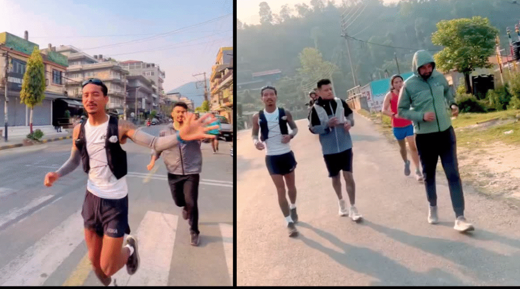 Runners enjoying the Saturday morning fun run from Hallanchowk to Pame in Pokhara, organized by Runderbolts. Running during previous event on Saturday.