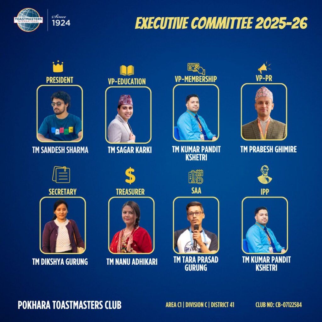 Group photo of Pokhara Toastmasters Club’s new executive team for 2025–26 after the installation ceremony in Pokhara, Nepal.