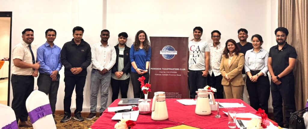 Group photo of Pokhara Toastmasters Club’s new executive team for 2025–26 after the installation ceremony in Pokhara, Nepal.